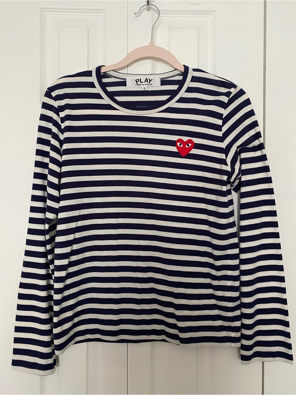 Comme des Garcons Navy & White Striped Long Sleeve with Red Heart